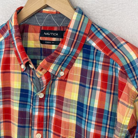 NAUTICA Shirt Mens XL Madras Plaid Classic Fit Button Up Long Sleeve Cotton Red - Picture 1 of 14